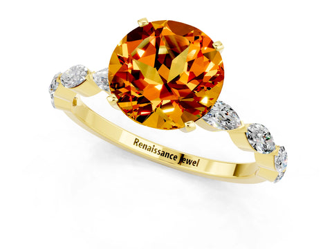 Yellow gold Round Cut Citrine Ring with Marquise Side Stones and Prong Setting_1