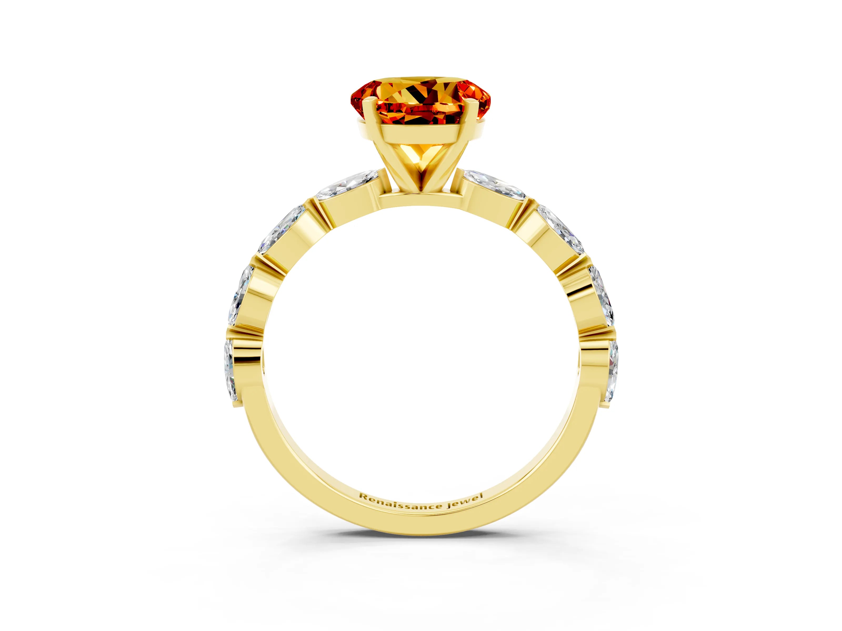 Yellow gold Round Cut Citrine Ring with Marquise Side Stones and Prong Setting_3