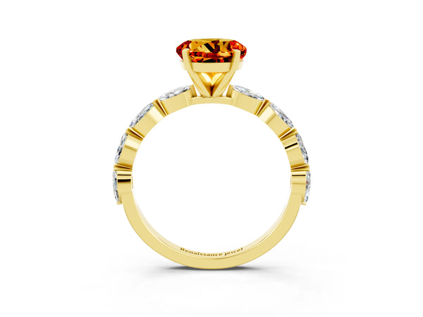 Yellow gold Round Cut Citrine Ring with Marquise Side Stones and Prong Setting