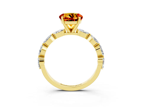Yellow gold Round Cut Citrine Ring with Marquise Side Stones and Prong Setting_3