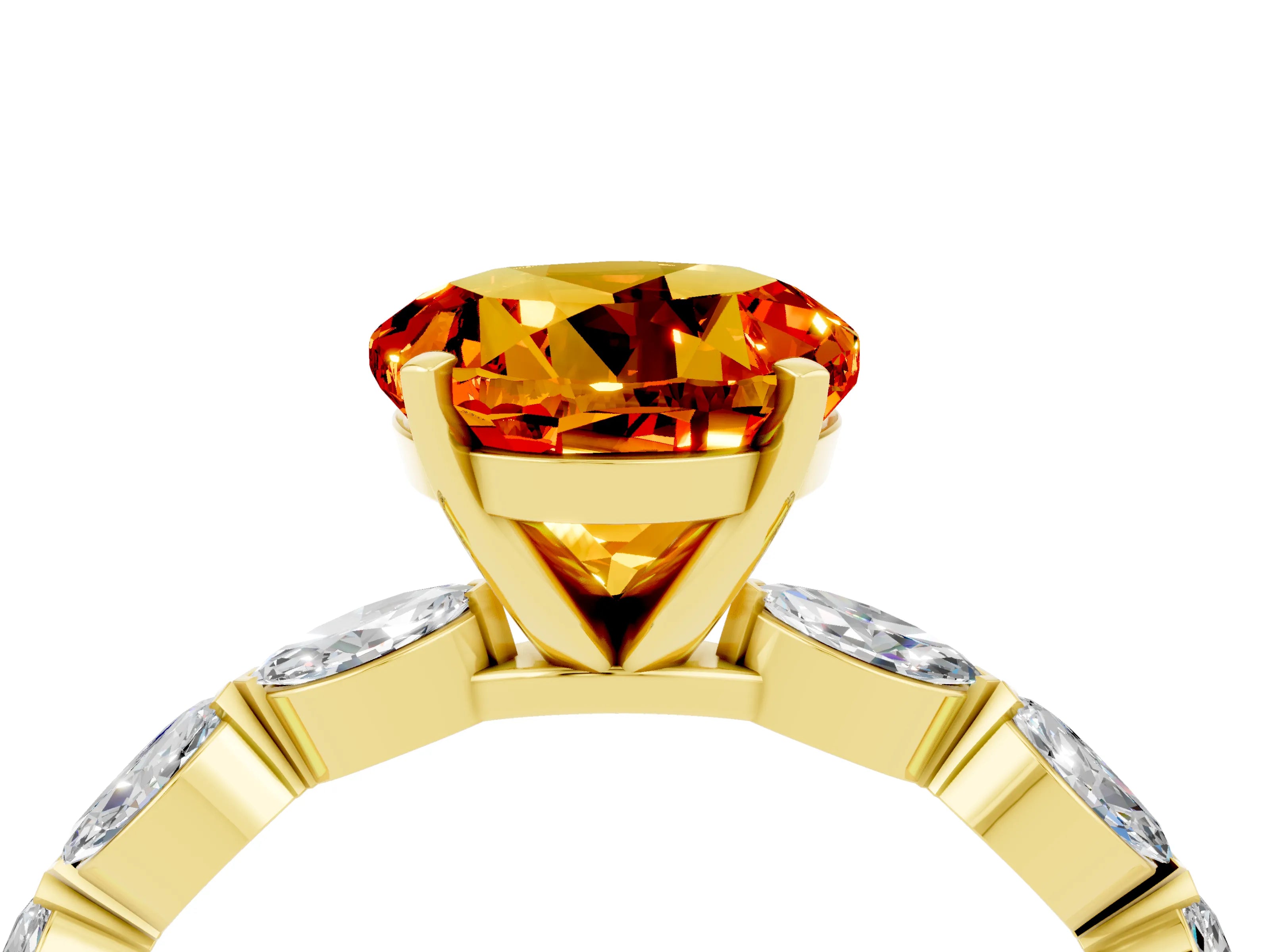Yellow gold Round Cut Citrine Ring with Marquise Side Stones and Prong Setting_4