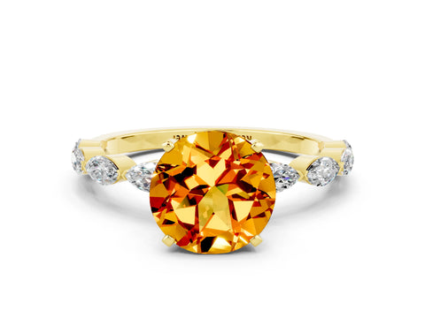 Yellow gold Round Cut Citrine Ring with Marquise Side Stones and Prong Setting