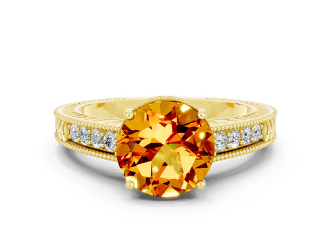 Yellow gold Round Cut Citrine Ring with Milgrain Pavé Band and Four-Prong Setting_12