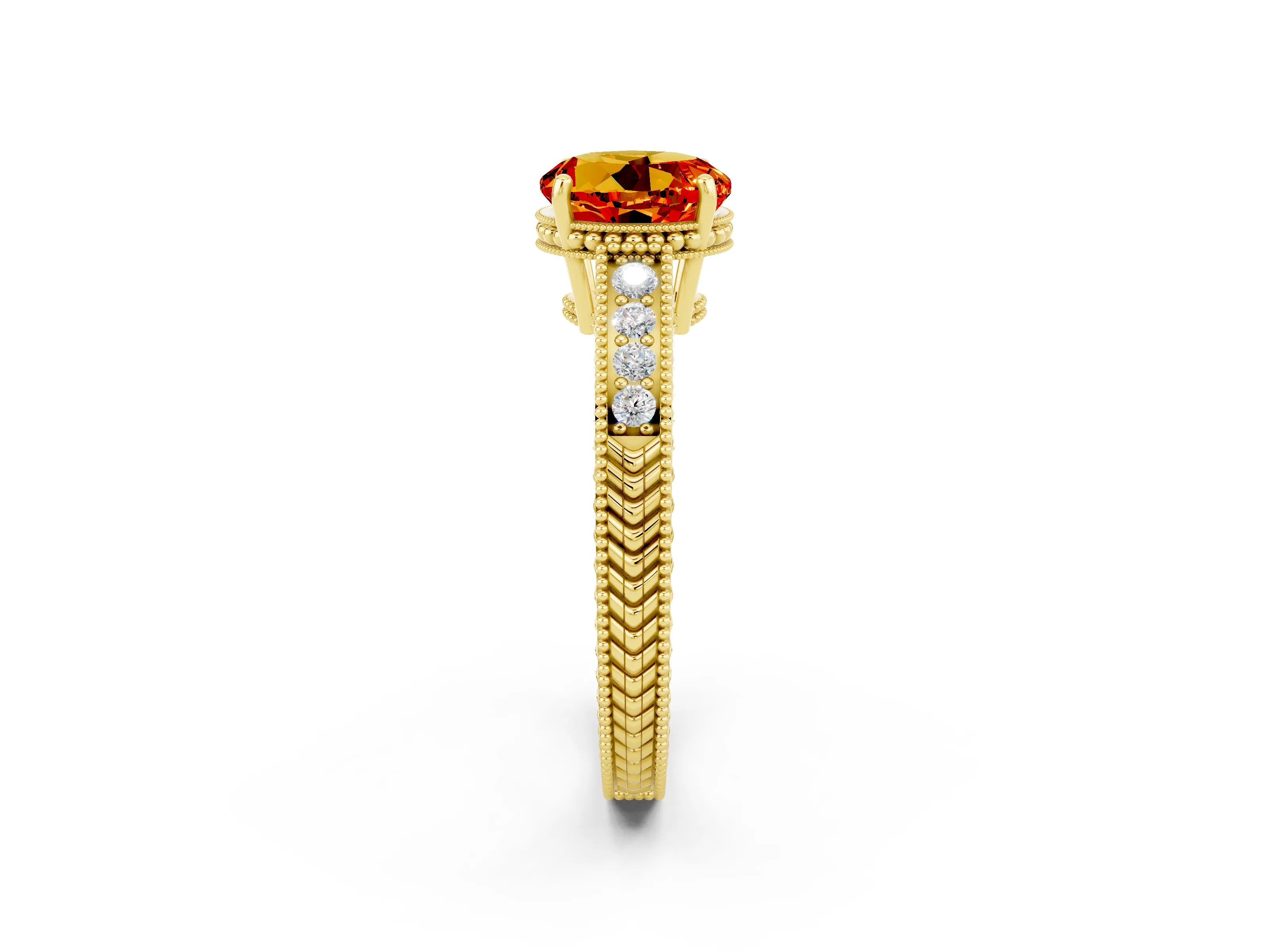 Yellow gold Round Cut Citrine Ring with Milgrain Pavé Band and Four-Prong Setting_14