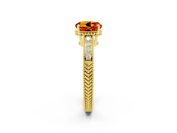 Yellow gold Round Cut Citrine Ring with Milgrain Pavé Band and Four-Prong Setting
