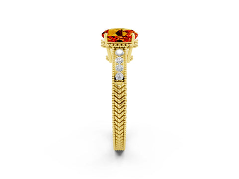 Yellow gold Round Cut Citrine Ring with Milgrain Pavé Band and Four-Prong Setting_14