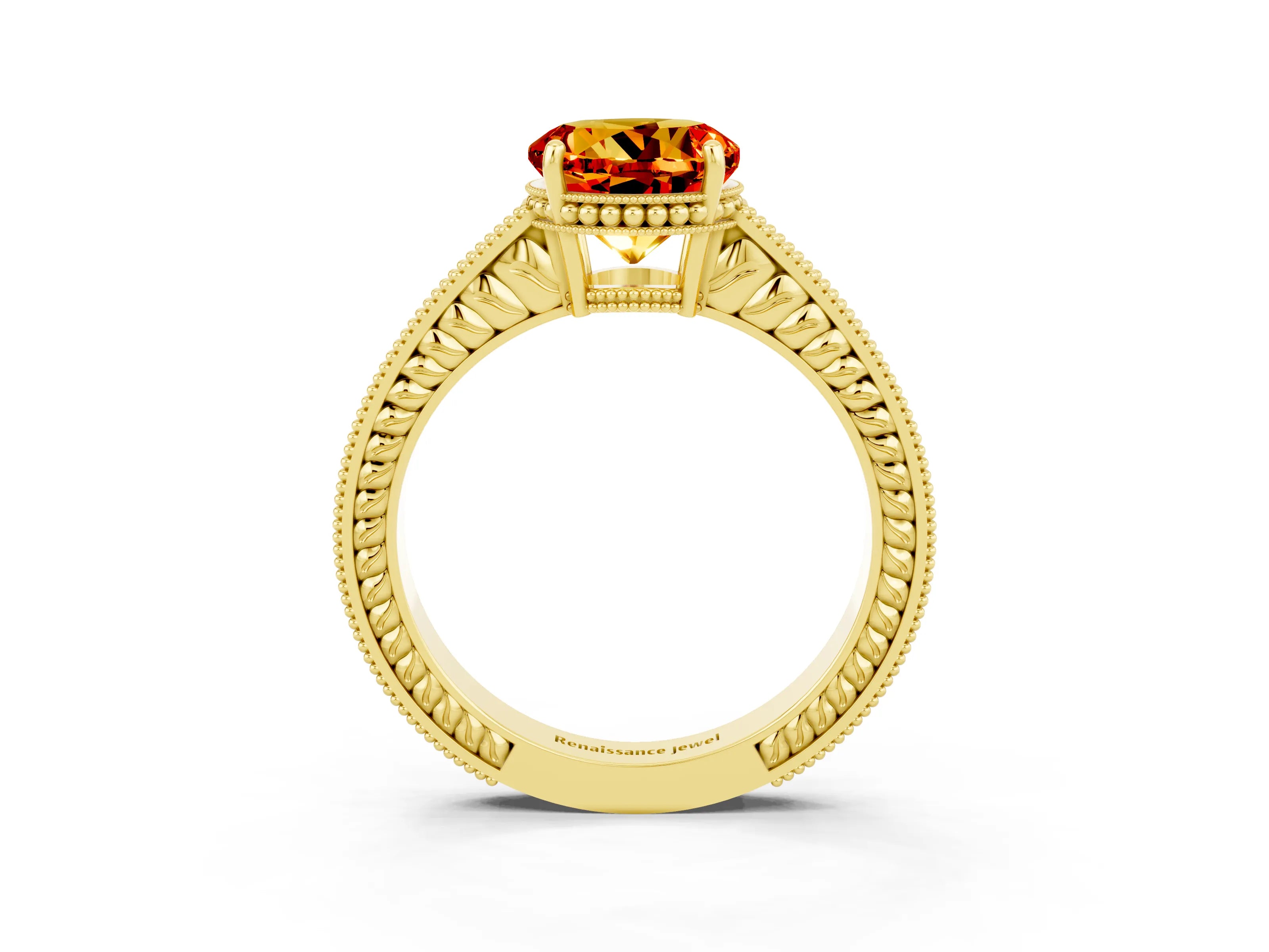 Yellow gold Round Cut Citrine Ring with Milgrain Pavé Band and Four-Prong Setting_15