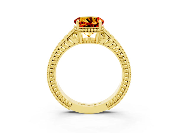 Yellow gold Round Cut Citrine Ring with Milgrain Pavé Band and Four-Prong Setting