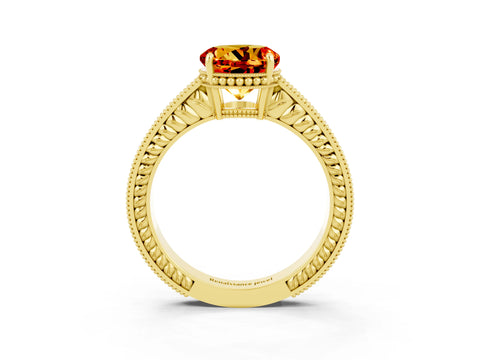 Yellow gold Round Cut Citrine Ring with Milgrain Pavé Band and Four-Prong Setting_15