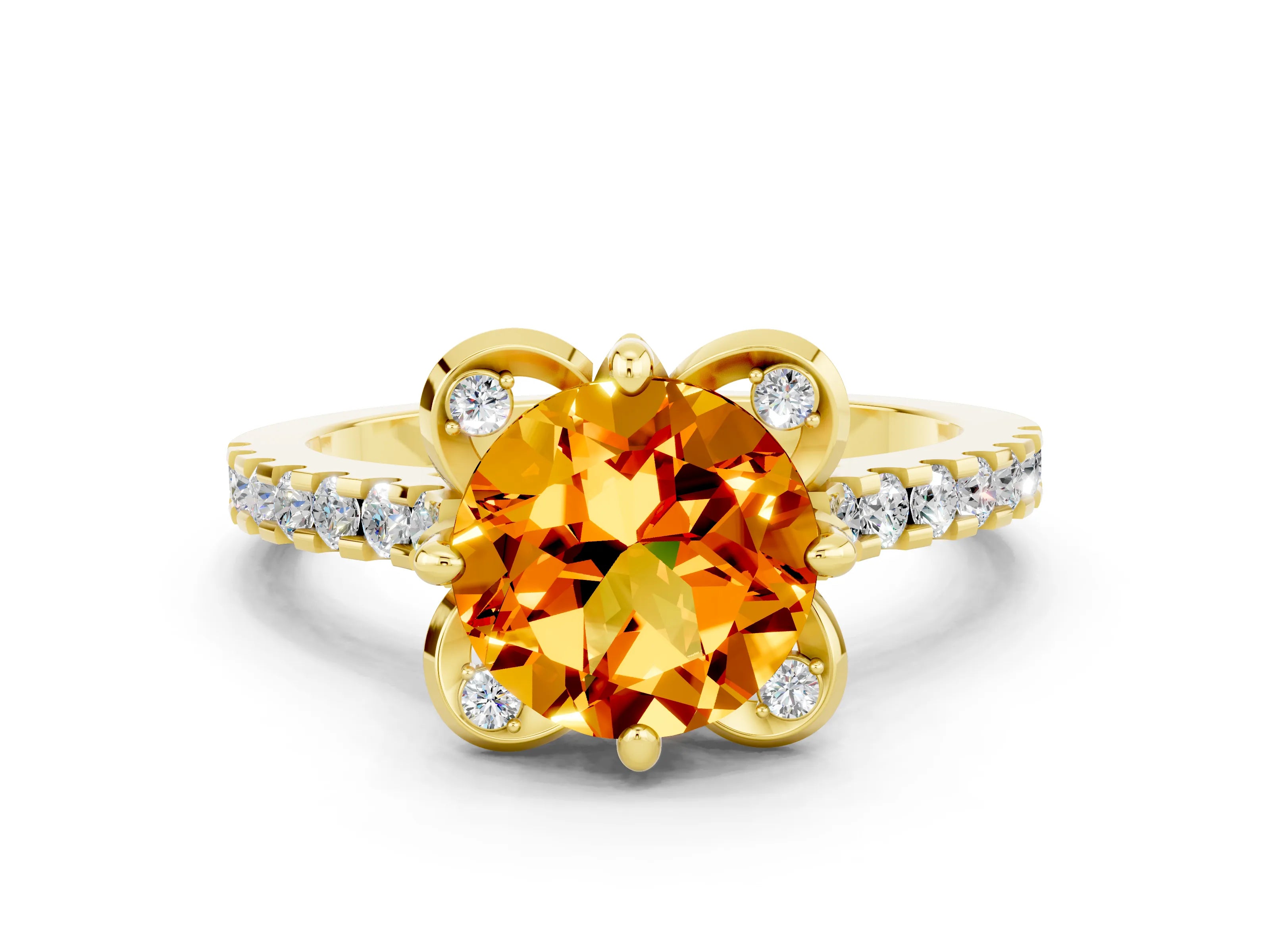 Yellow gold Round Cut Citrine Ring with Pavé Band and Floral Prong Setting
