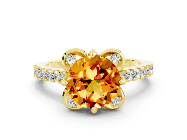 Yellow gold Round Cut Citrine Ring with Pavé Band and Floral Prong Setting