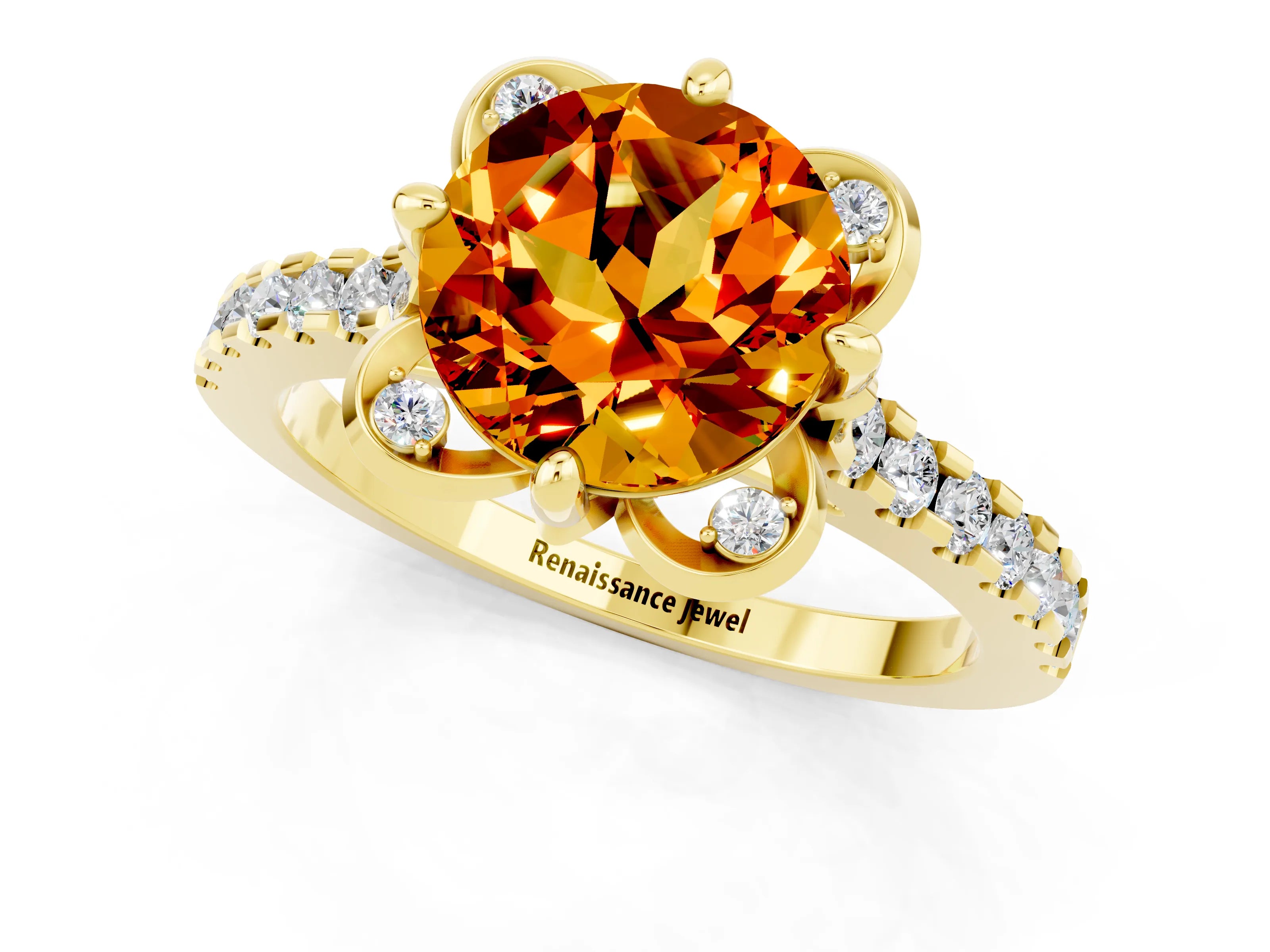 Yellow gold Round Cut Citrine Ring with Pavé Band and Floral Prong Setting_1