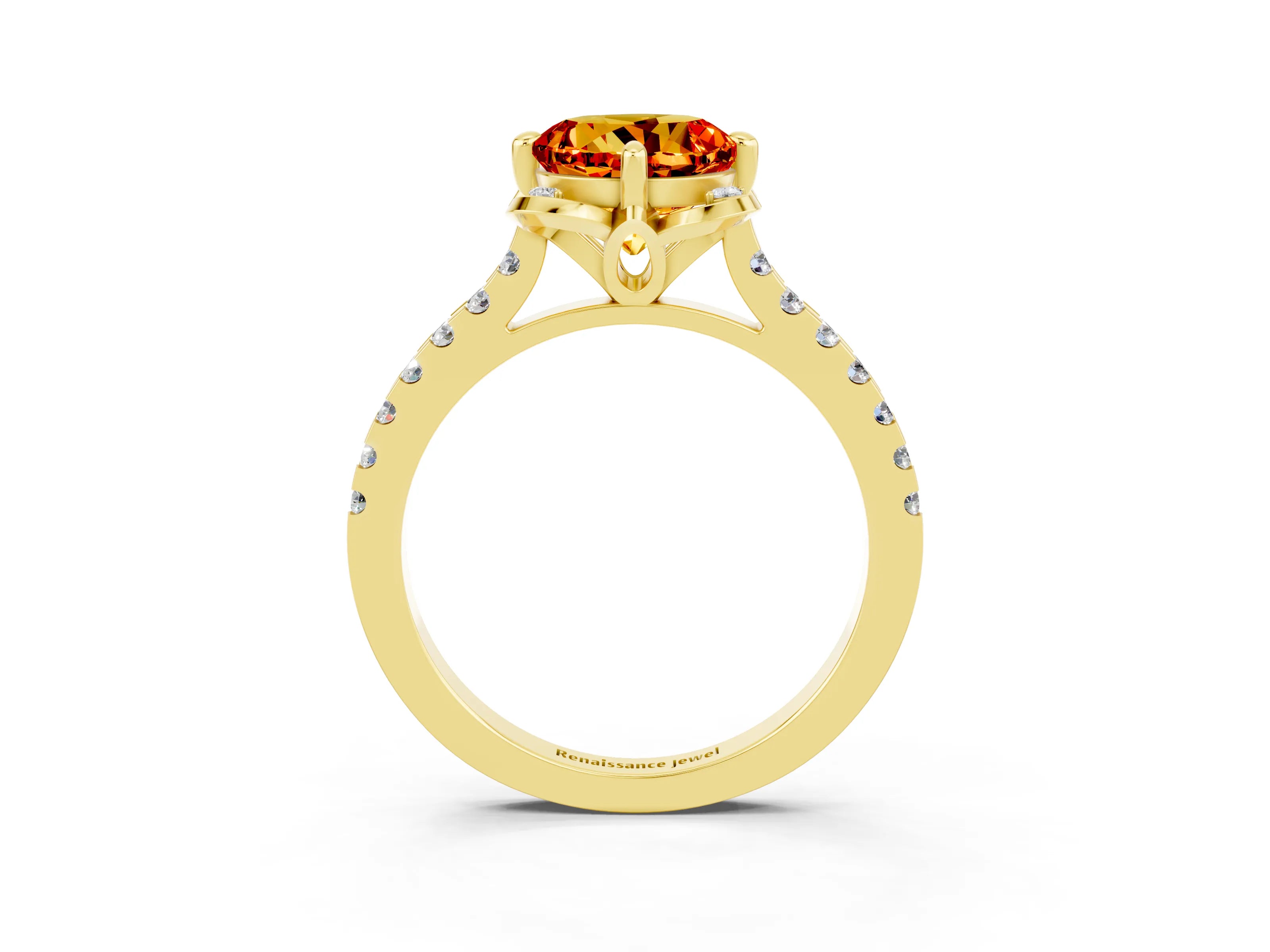 Yellow gold Round Cut Citrine Ring with Pavé Band and Floral Prong Setting_3
