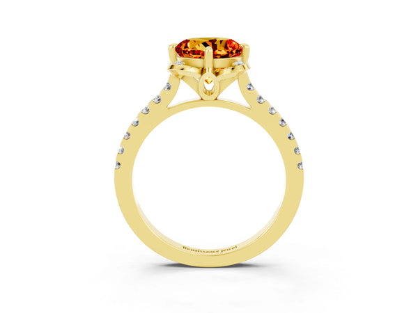 Yellow gold Round Cut Citrine Ring with Pavé Band and Floral Prong Setting