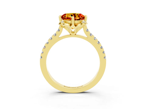 Yellow gold Round Cut Citrine Ring with Pavé Band and Floral Prong Setting_3