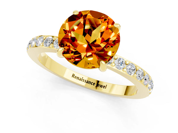 Yellow gold Round Cut Citrine Pavé Engagement Ring with Round  Accents and Prong Setting