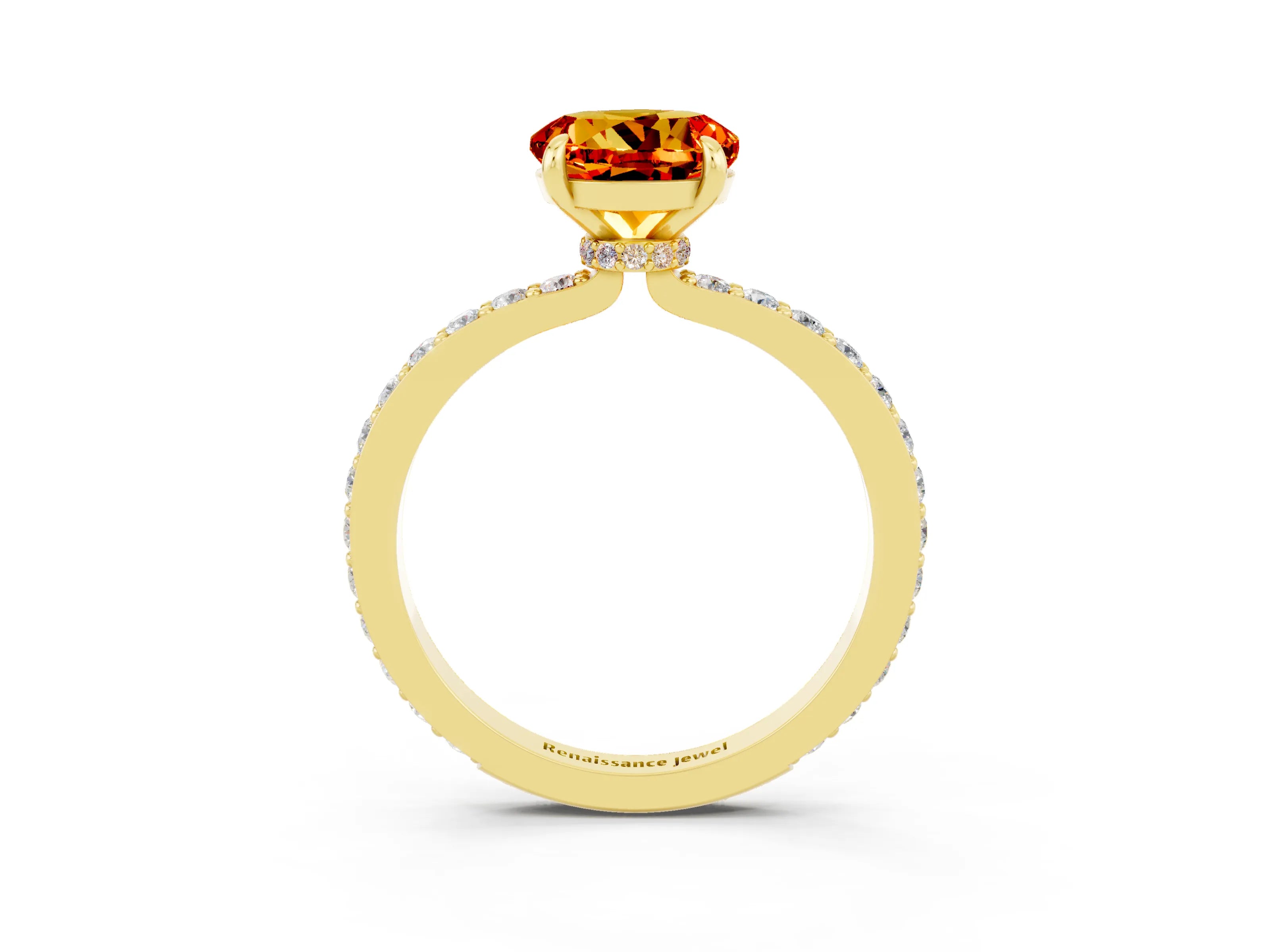 Yellow gold Round Cut Citrine Ring with Pavé Band and Four-Prong Setting_3