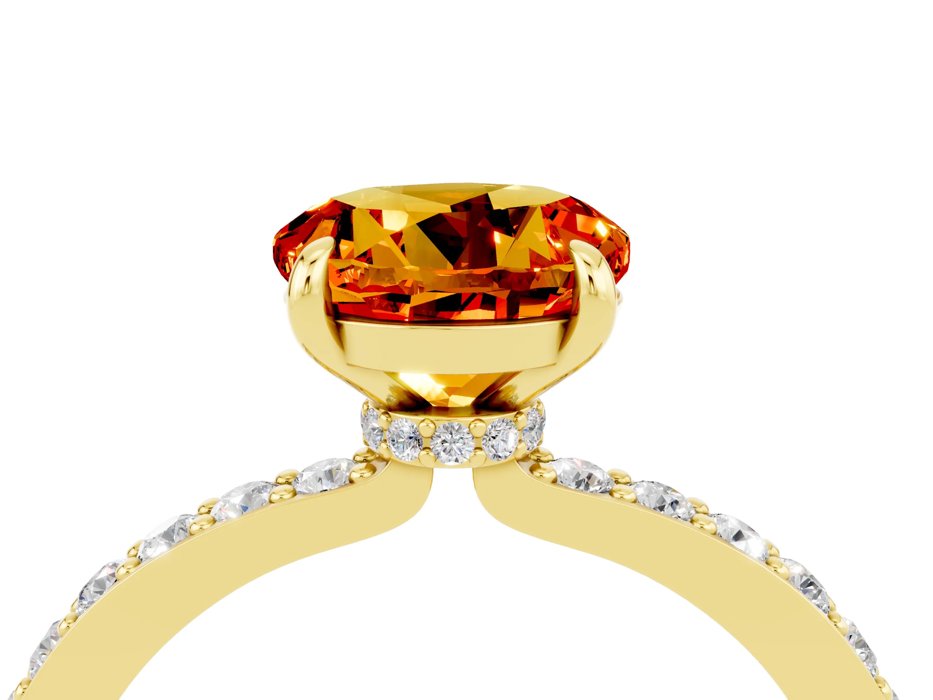 Yellow gold Round Cut Citrine Ring with Pavé Band and Four-Prong Setting_4