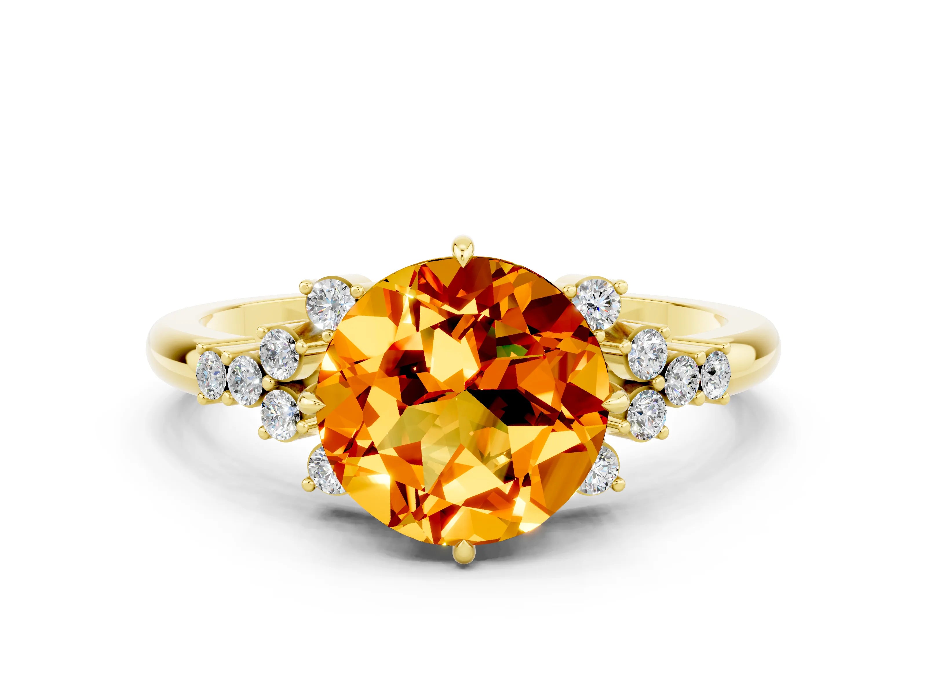 Yellow gold Round Cut Citrine Ring with Side Stones and Four-Prong Setting_36