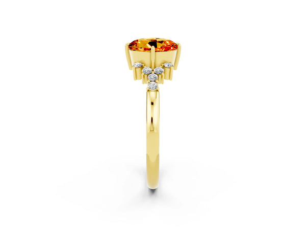 Yellow gold Round Cut Citrine Ring with Side Stones and Four-Prong Setting