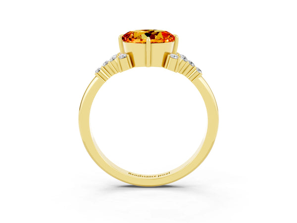 Yellow gold Round Cut Citrine Ring with Side Stones and Four-Prong Setting