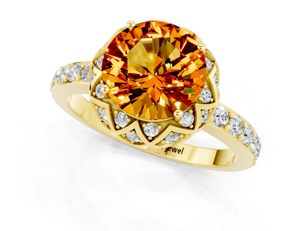 Yellow gold Round Cut Citrine Scalloped Halo Engagement Ring with Round Shared Prong Band