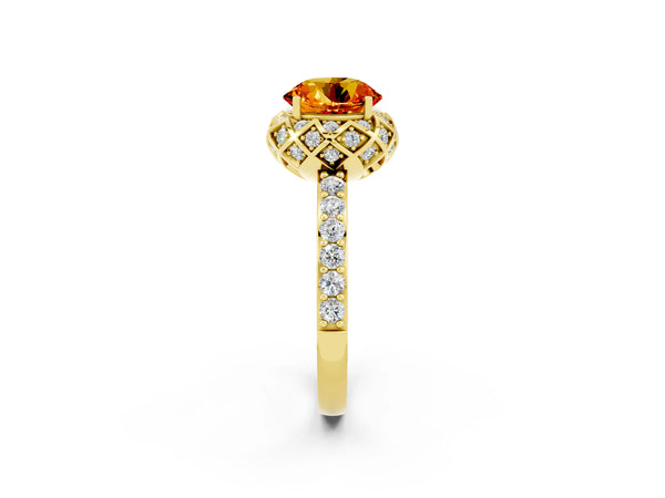 Yellow gold Round Cut Citrine Scalloped Halo Engagement Ring with Round Shared Prong Band