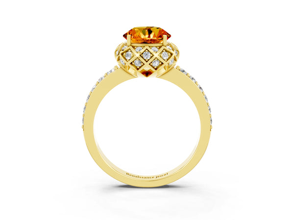 Yellow gold Round Cut Citrine Scalloped Halo Engagement Ring with Round Shared Prong Band
