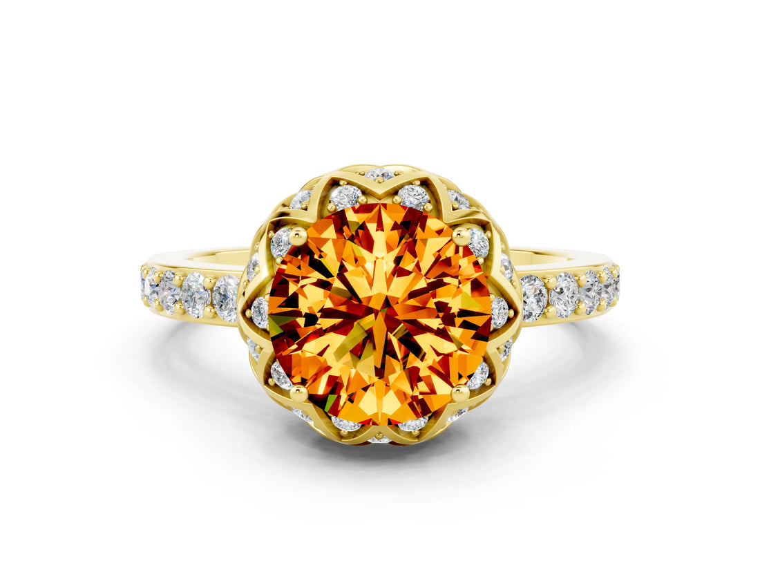 Yellow gold Round Cut Citrine Scalloped Halo Engagement Ring with Round Shared Prong Band_24