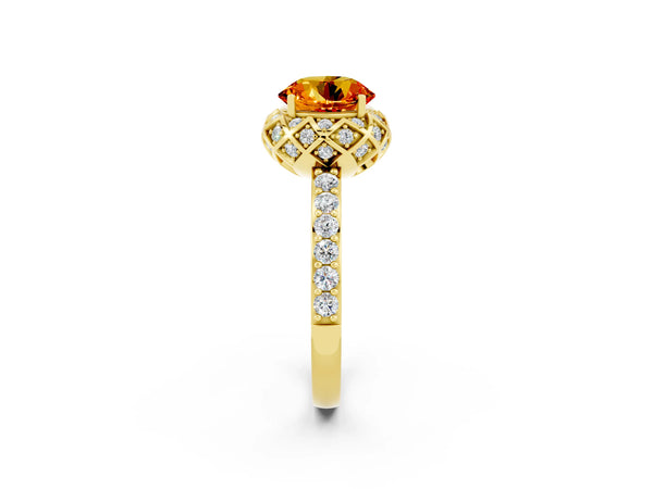 Yellow gold Round Cut Citrine Scalloped Halo Engagement Ring with Round Shared Prong Band