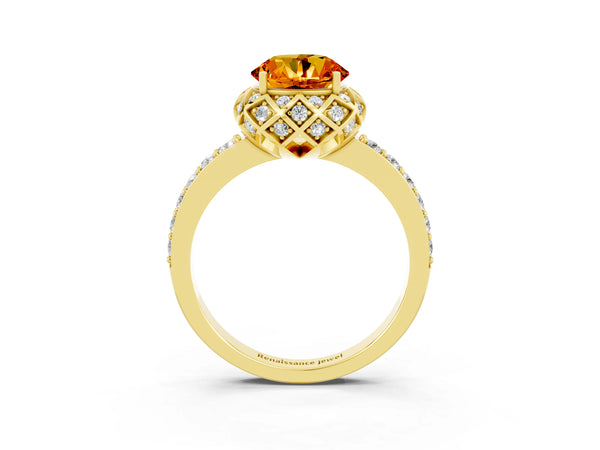 Yellow gold Round Cut Citrine Scalloped Halo Engagement Ring with Round Shared Prong Band