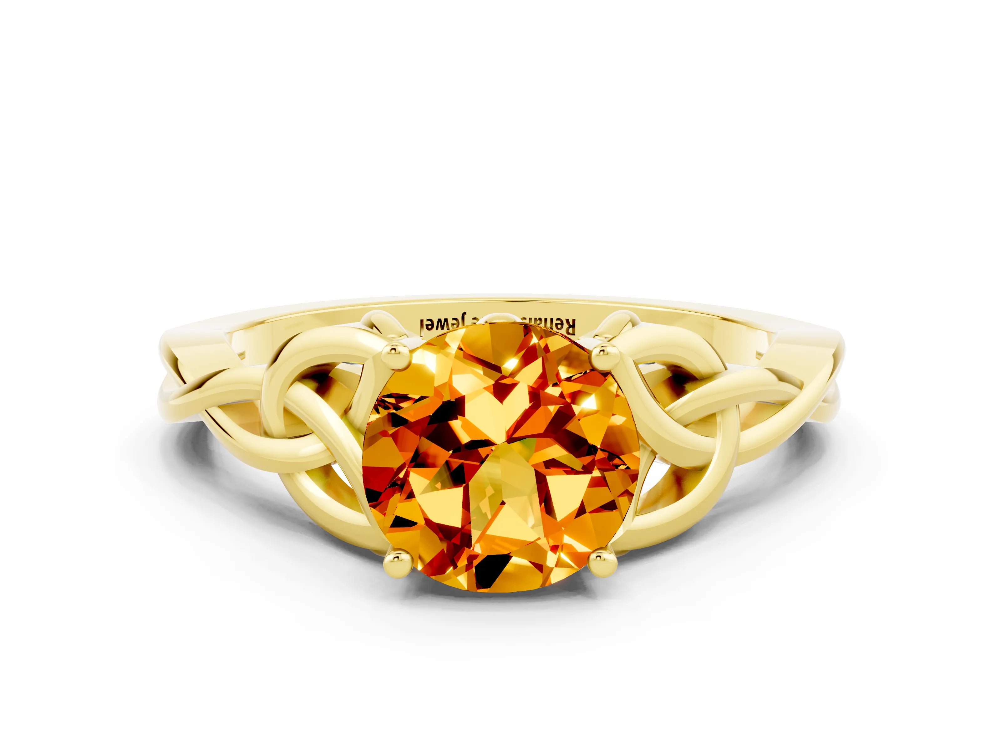 Yellow gold Round Cut Citrine Solitaire Celtic Knot Ring with Four-Prong Setting_12