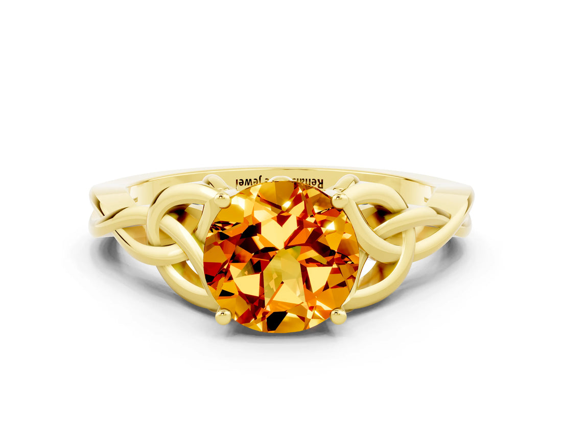 Yellow gold Round Cut Citrine Solitaire Celtic Knot Ring with Four-Prong Setting_12