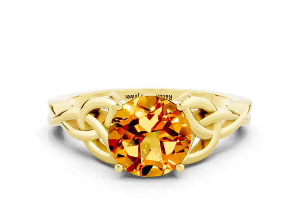 Yellow gold Round Cut Citrine Solitaire Celtic Knot Ring with Four-Prong Setting
