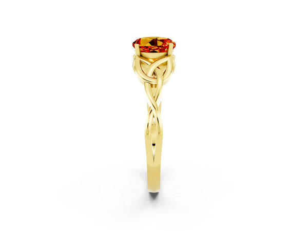 Yellow gold Round Cut Citrine Solitaire Celtic Knot Ring with Four-Prong Setting