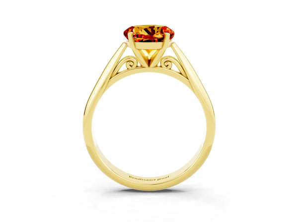 Yellow gold Round Cut Citrine Solitaire Engagement Ring with Cathedral Setting and Four-Prong Mount