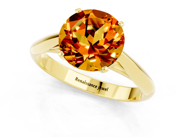 Yellow gold Round Cut Citrine Solitaire Engagement Ring with Cathedral Setting and Four-Prong Mount