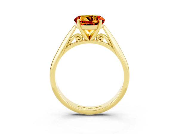 Yellow gold Round Cut Citrine Solitaire Engagement Ring with Cathedral Setting and Four-Prong Mount