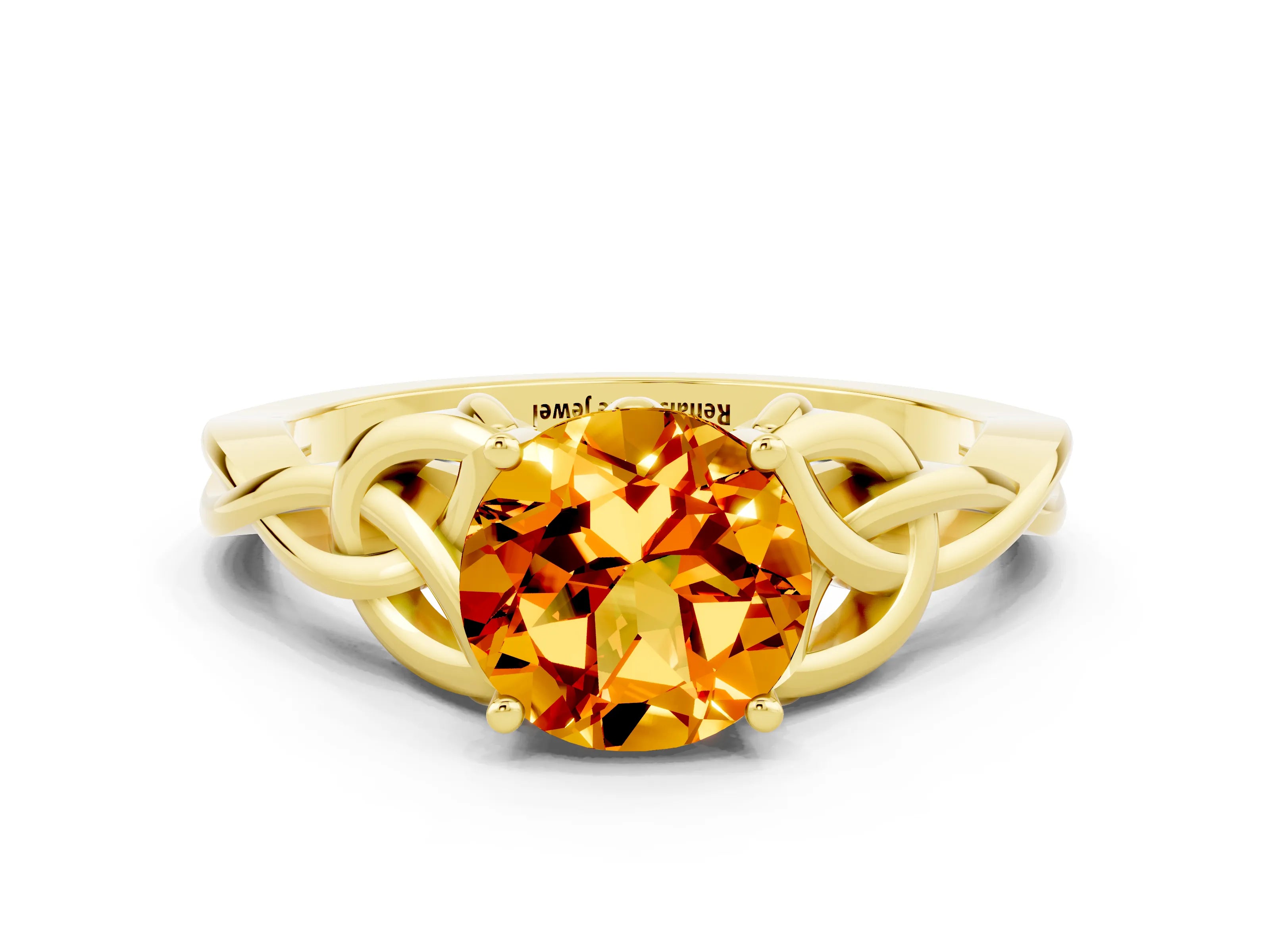 Yellow gold Round Cut Citrine Solitaire Engagement Ring with Celtic Knot Band and Four-Prong Setting