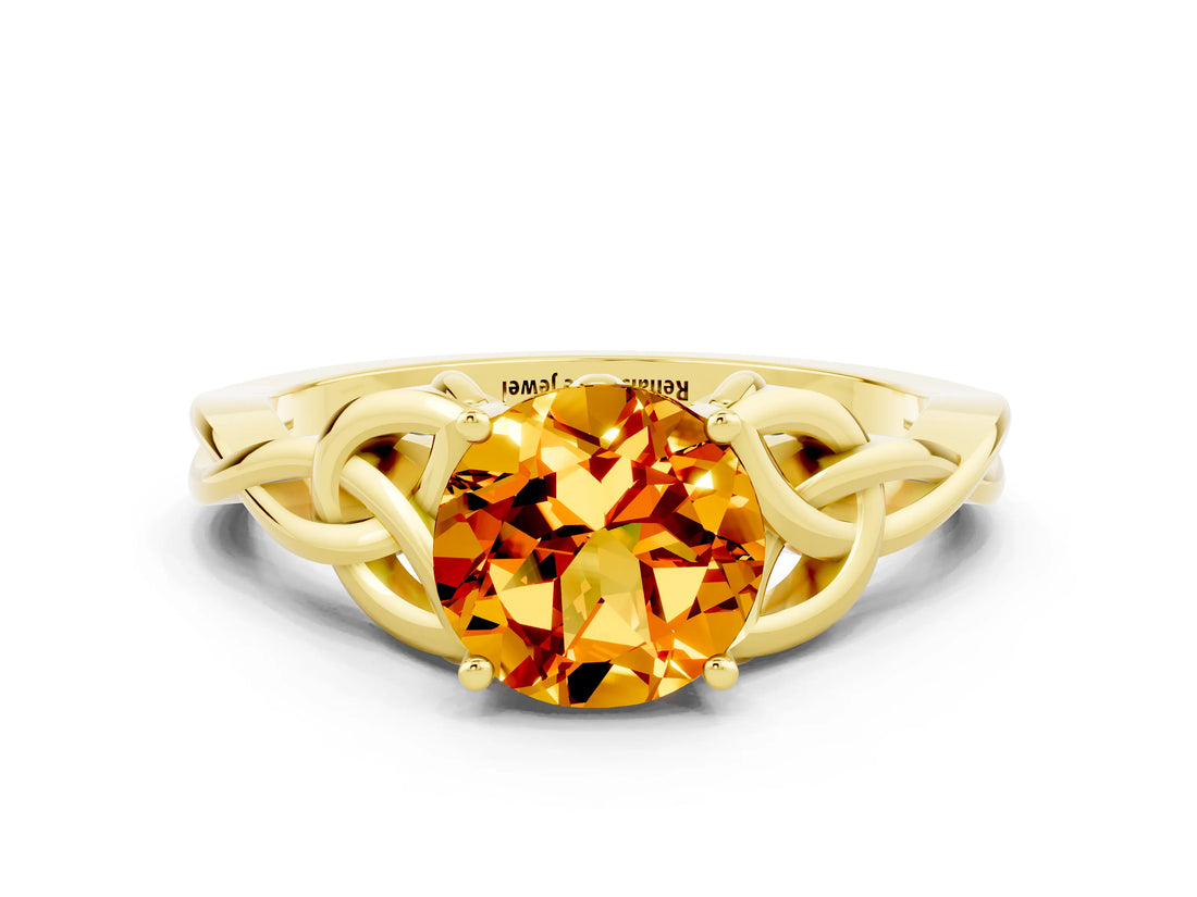 Yellow gold Round Cut Citrine Solitaire Engagement Ring with Celtic Knot Band and Four-Prong Setting