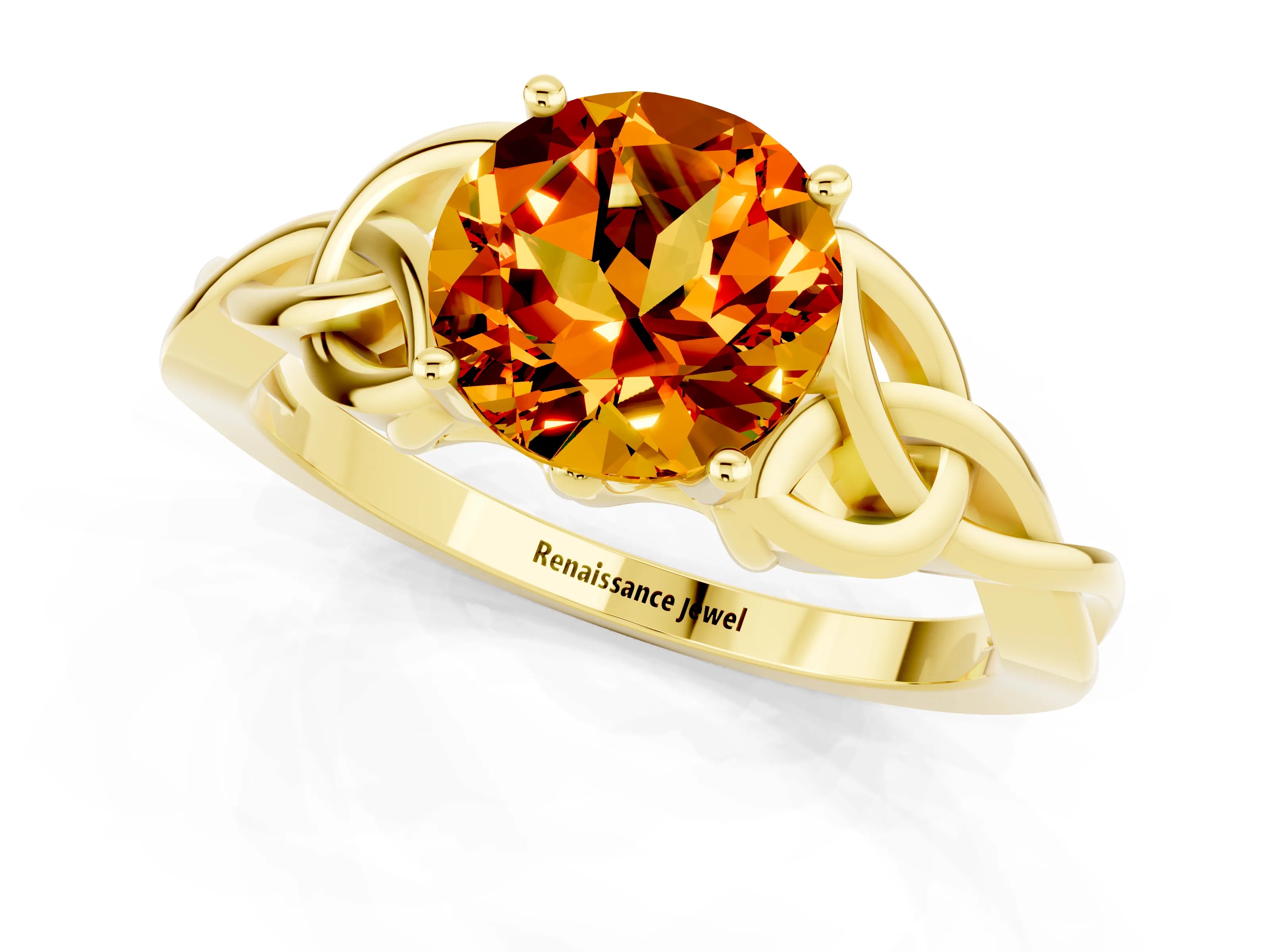 Yellow gold Round Cut Citrine Solitaire Engagement Ring with Celtic Knot Band and Four-Prong Setting_1