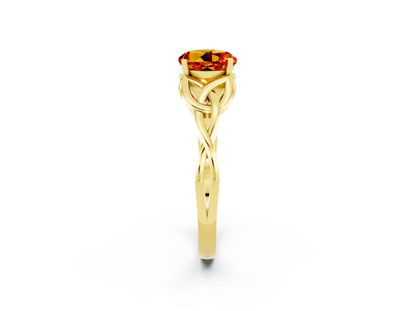 Yellow gold Round Cut Citrine Solitaire Engagement Ring with Celtic Knot Band and Four-Prong Setting