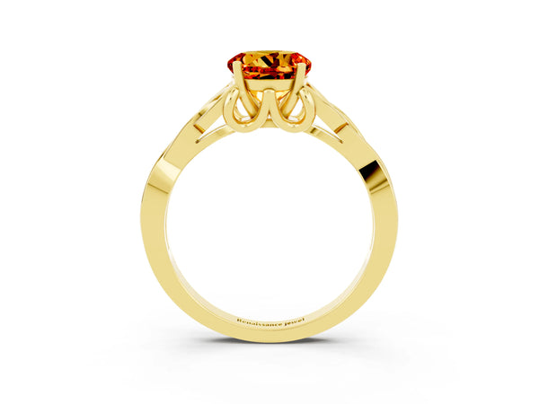 Yellow gold Round Cut Citrine Solitaire Engagement Ring with Celtic Knot Band and Four-Prong Setting