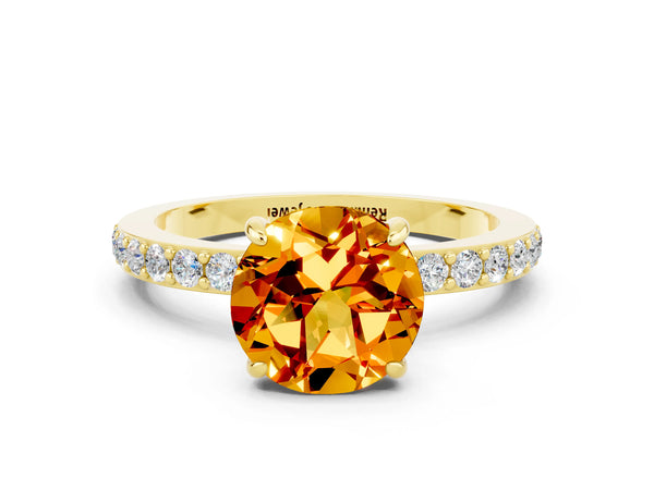 Yellow gold Round Cut Citrine Solitaire Engagement Ring with Pavé Band and Four-Prong Setting