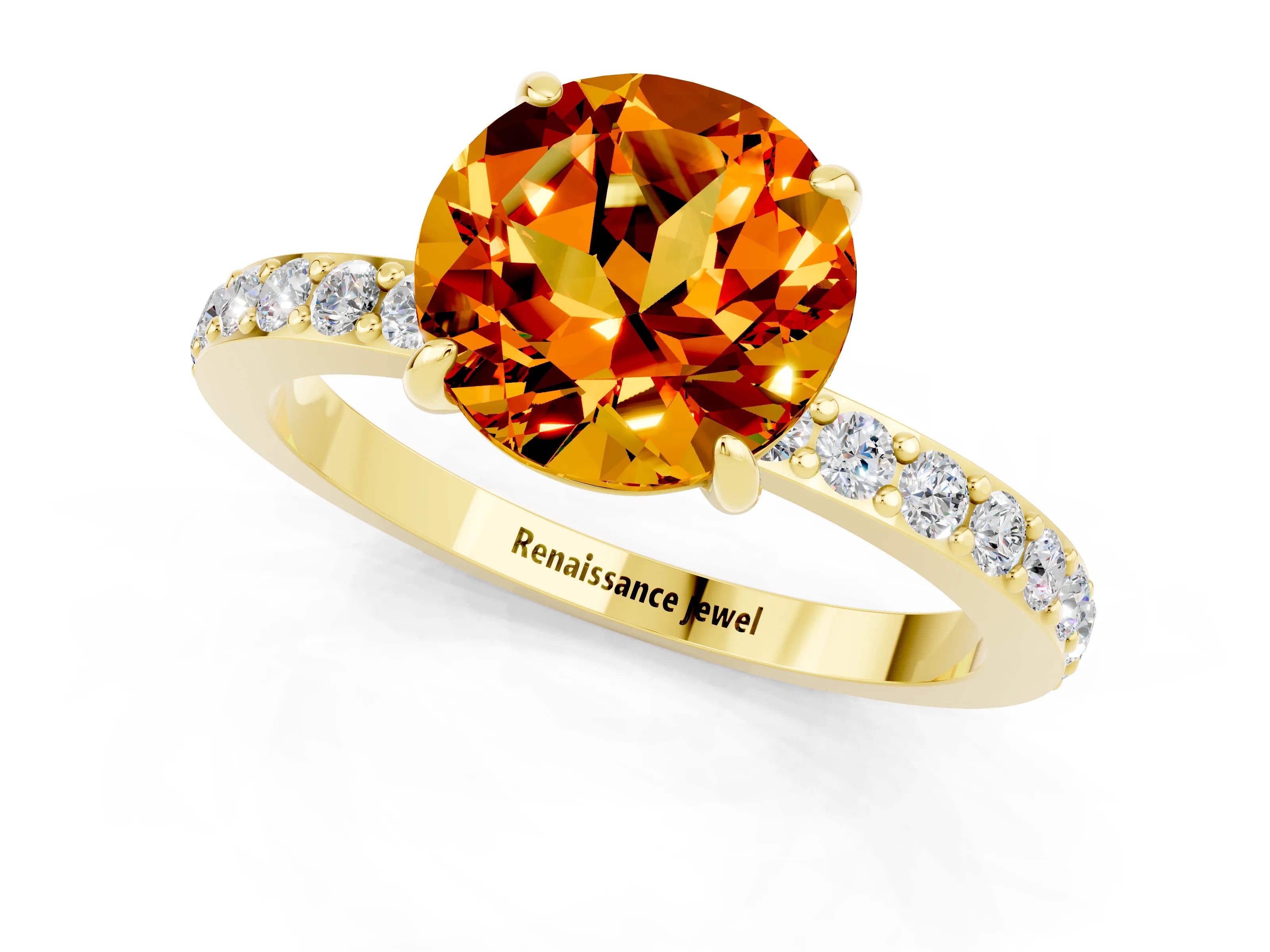 Yellow gold Round Cut Citrine Solitaire Engagement Ring with Pavé Band and Four-Prong Setting_1