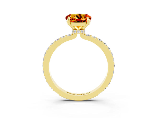 Yellow gold Round Cut Citrine Solitaire Engagement Ring with Pavé Band and Four-Prong Setting