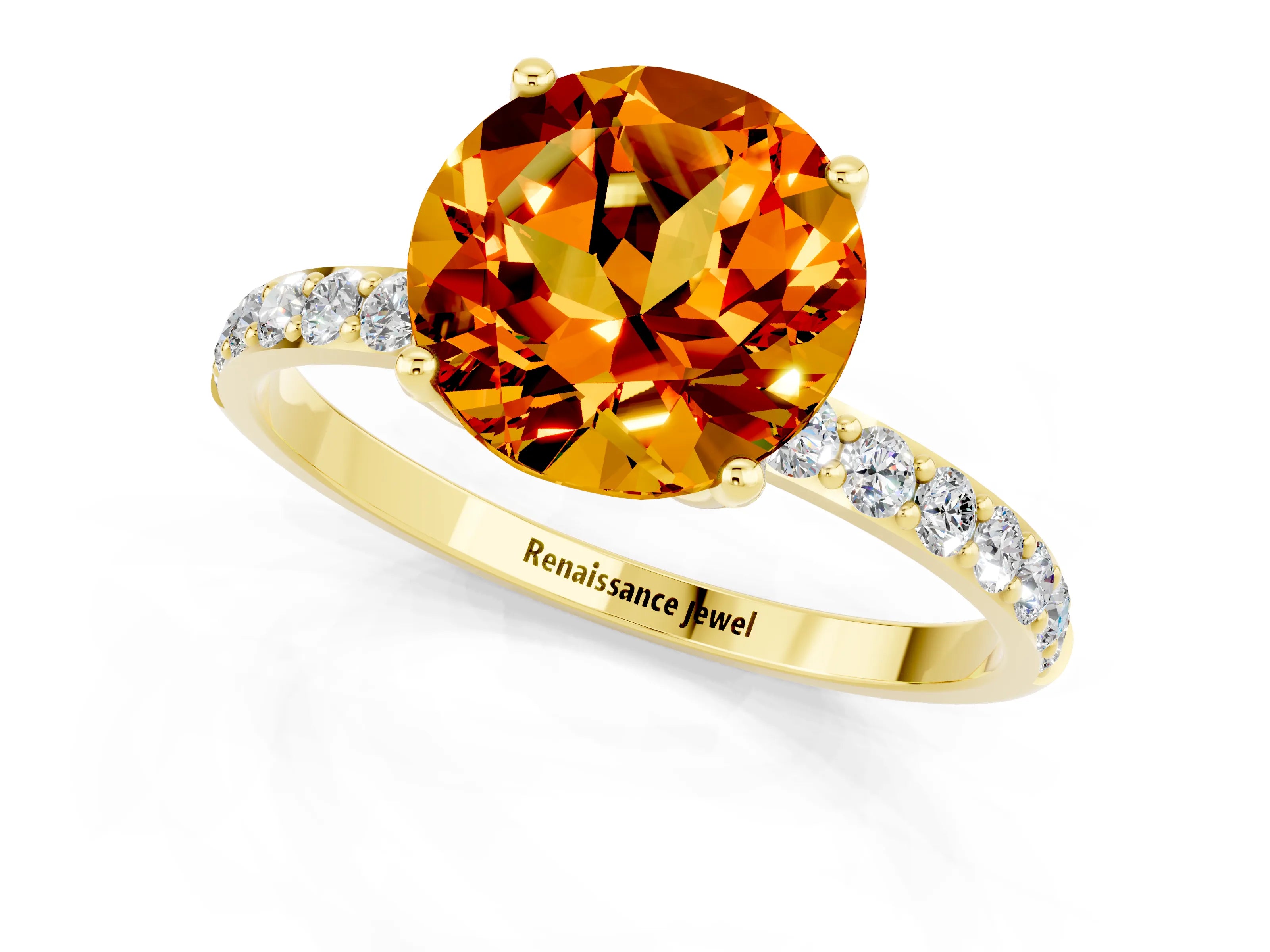 Yellow gold Round Cut Citrine Solitaire Engagement Ring with Pavé Band and Prong Setting_1
