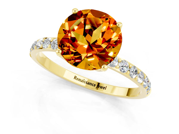 Yellow gold Round Cut Citrine Solitaire Engagement Ring with Round  Pavé Band and Prong Setting