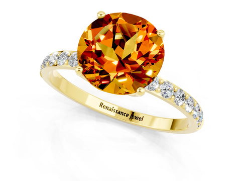 Yellow gold Round Cut Citrine Solitaire Engagement Ring with Pavé Band and Prong Setting_1