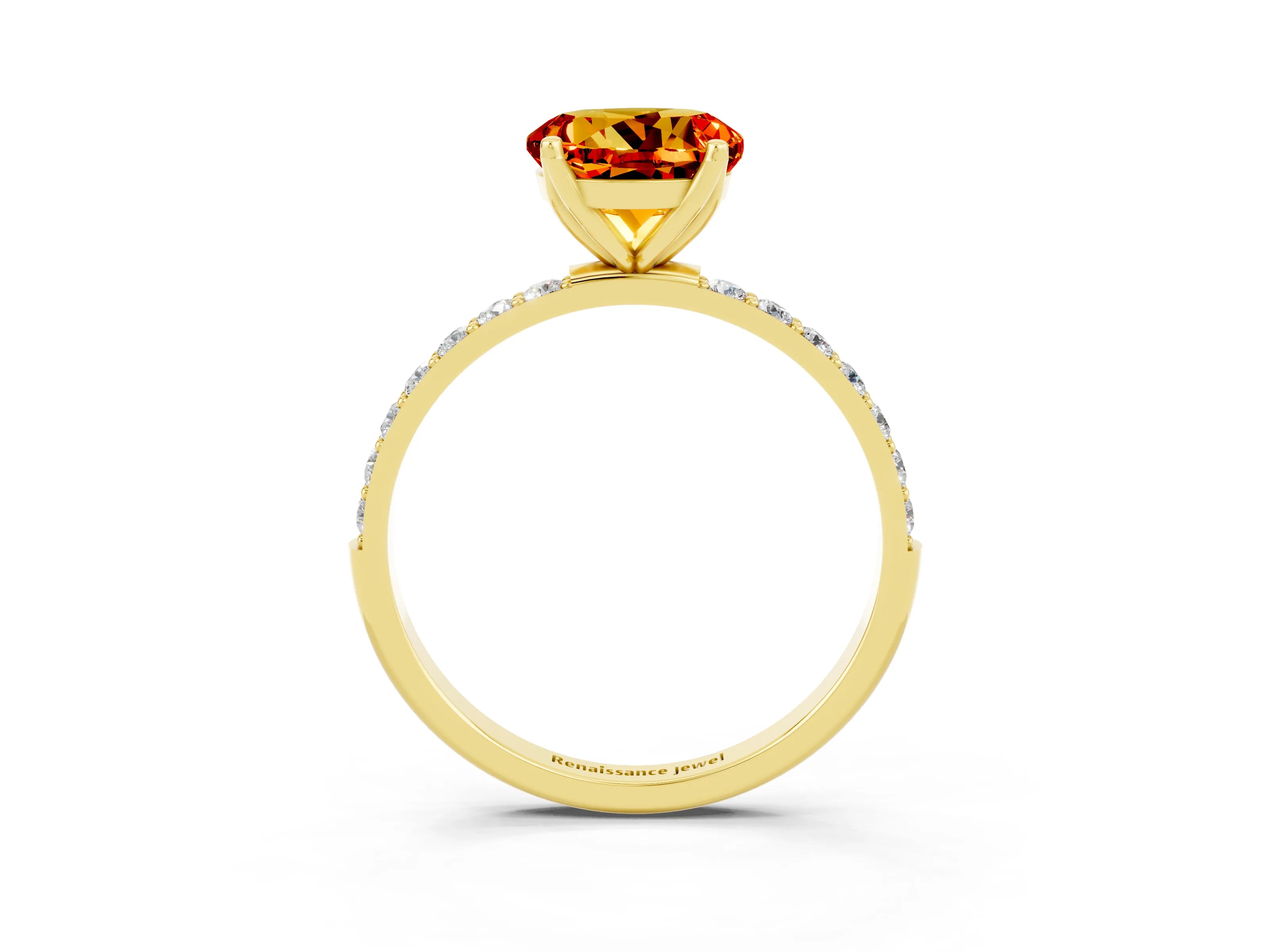 Yellow gold Round Cut Citrine Solitaire Engagement Ring with Pavé Band and Prong Setting_3